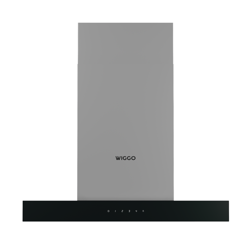 A gray cooker hood with a black control panel and numbers.