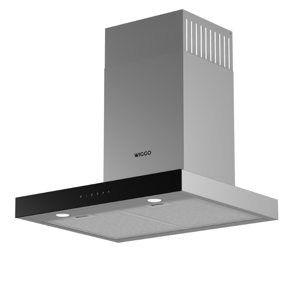 A modern silver range hood with a black trim and lights.