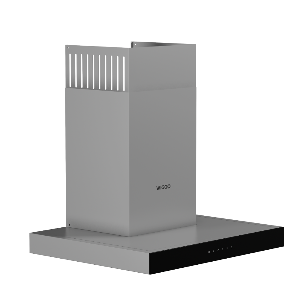 Gray range hood with black control panel and ventilation slots.