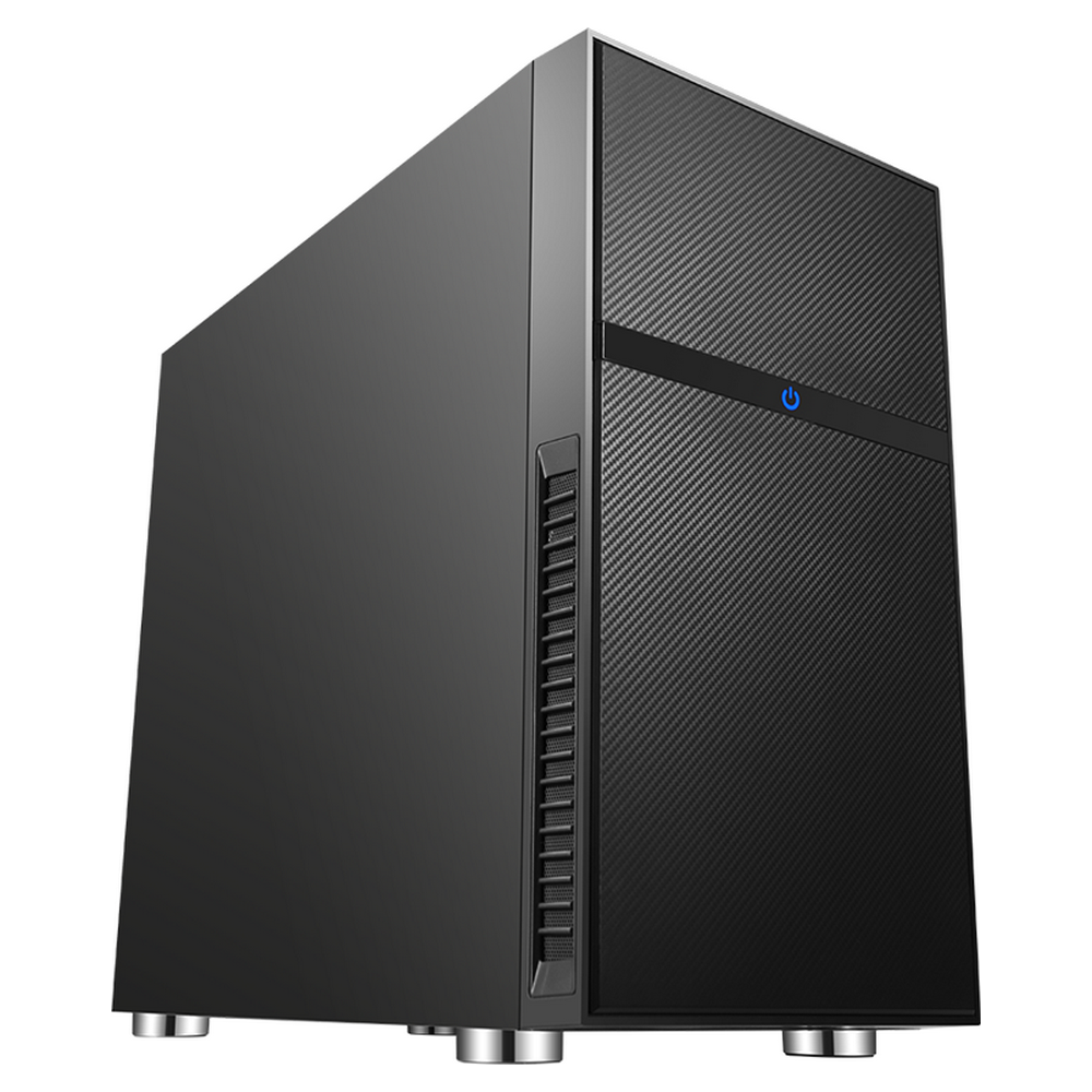 Czarna obudowa komputera z przodem z włókna węglowego i niebieskim przyciskiem zasilania.