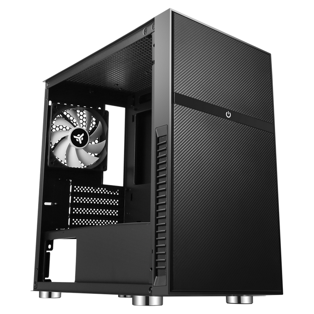 Czarna obudowa komputera z wentylatorem i symbolem zasilania.