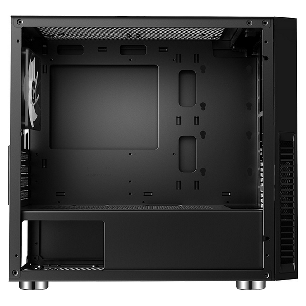 Wnętrze czarnej obudowy komputera z wentylatorem, zatokami na dyski i zarządzaniem kablami.