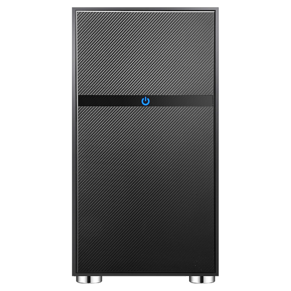 Czarna obudowa komputera z teksturą włókna węglowego i niebieskim przyciskiem zasilania.