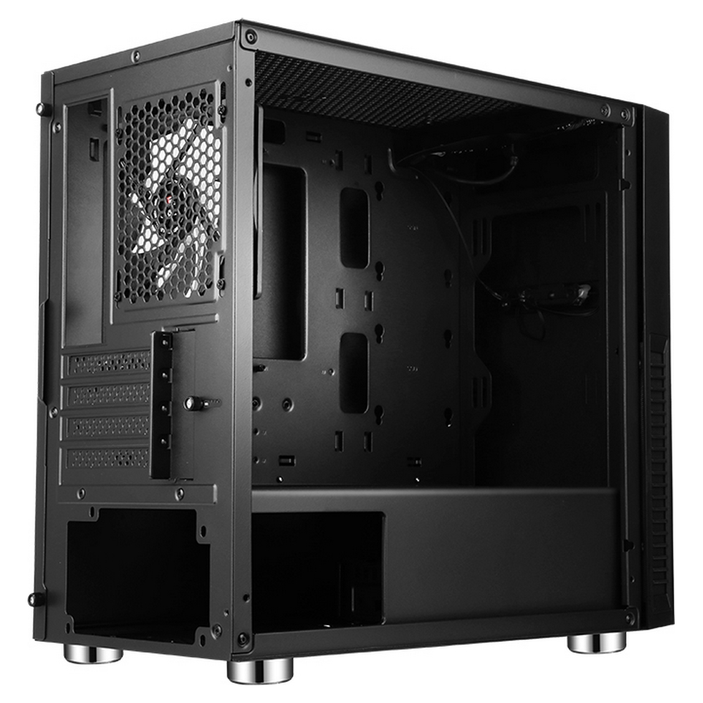 Czarna obudowa komputera z srebrnymi nóżkami i wentylatorem po lewej stronie.