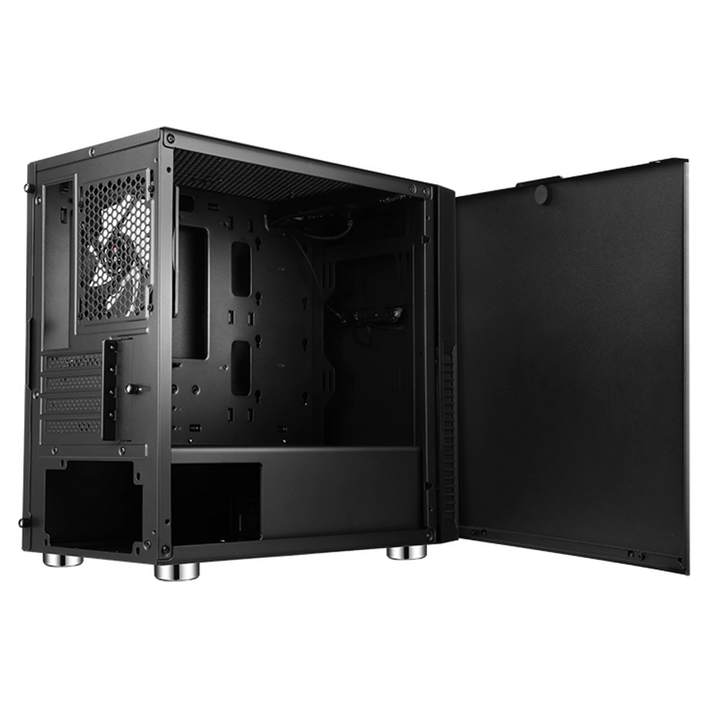Czarna obudowa komputera z otwartym panelem bocznym, wentylatorem i portami.