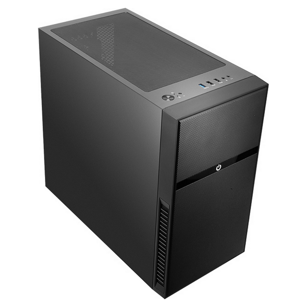 Czarna obudowa komputera z przyciskiem zasilania i portami USB na górze.