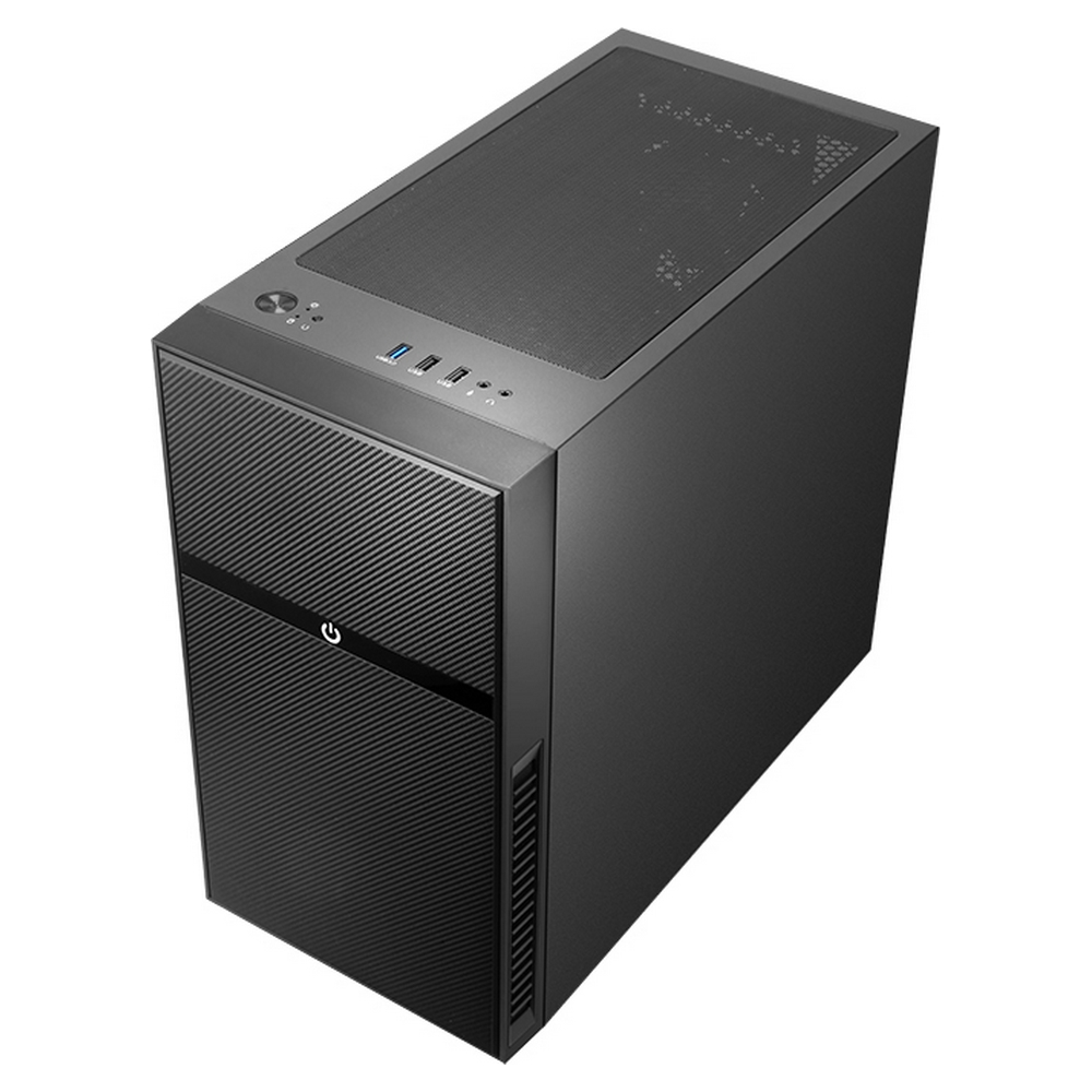 Czarna obudowa komputera z prążkowaną teksturą na przednim panelu i portami USB.