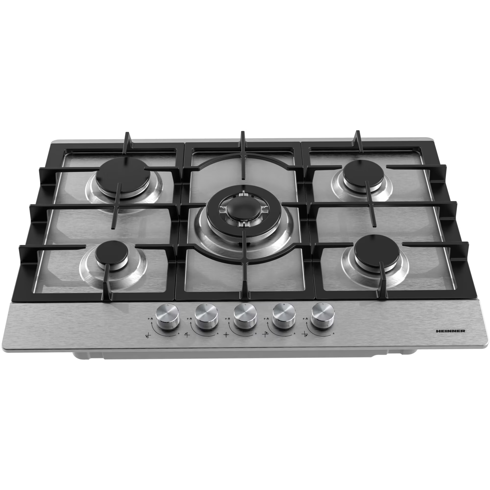 A silver gas hob with five burners and silver control knobs.