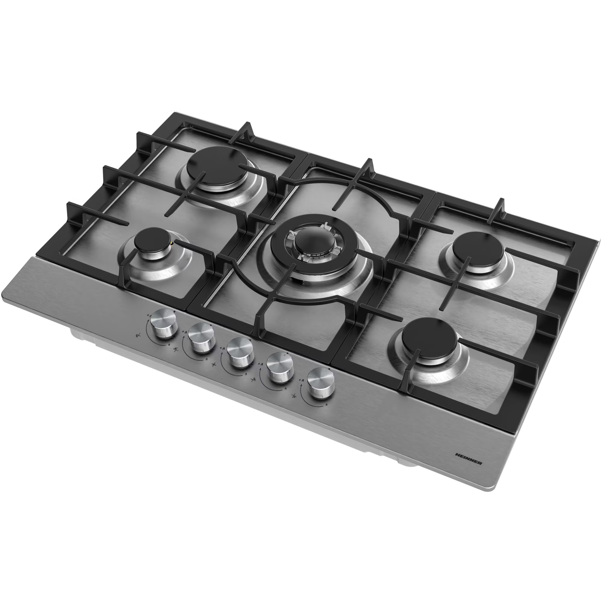 Stainless steel gas hob with five burners and control knobs.