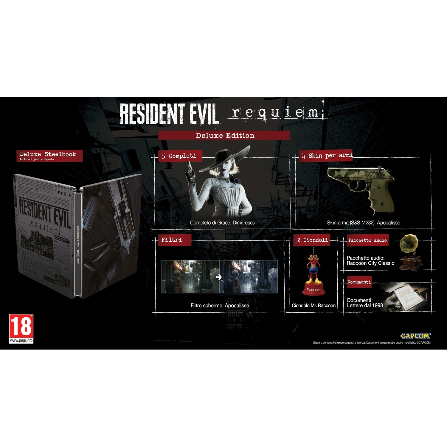 Resident Evil Requiem Edycja Deluxe zawiera Steelbook, skórki, zawieszki i inne.