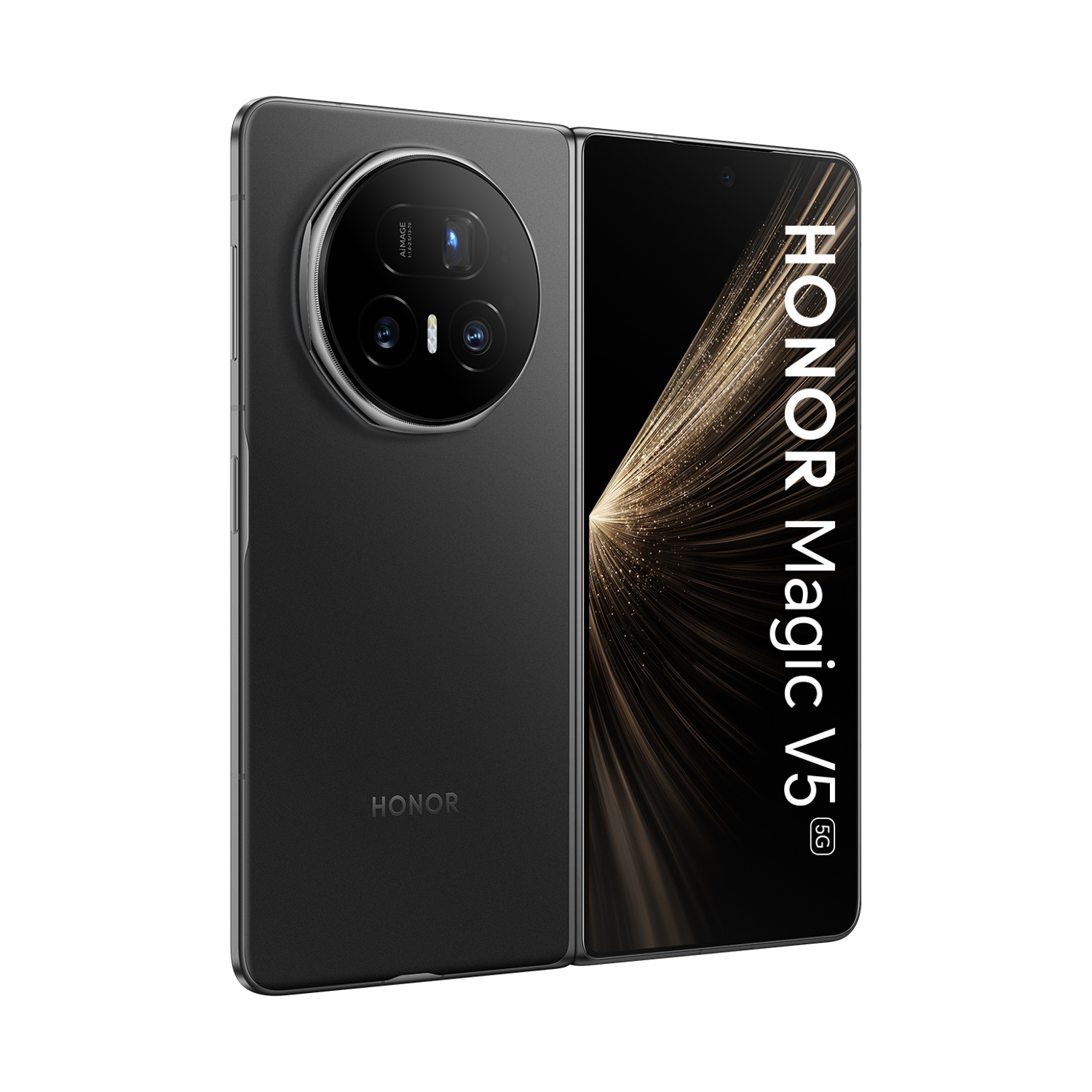Uno smartphone pieghevole Honor Magic V5 5G nero con fotocamera e logo.