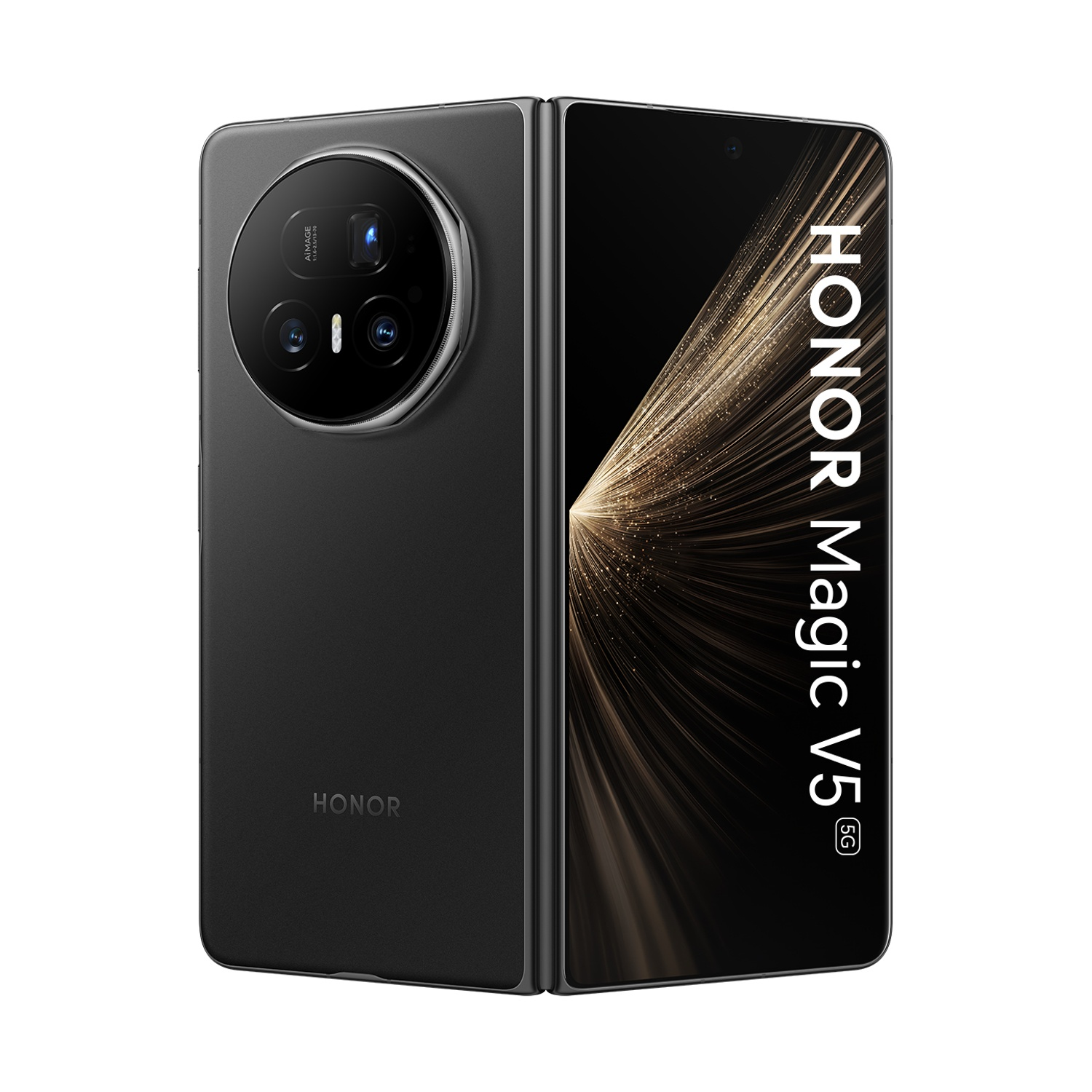 Uno smartphone pieghevole nero chiuso con modulo fotocamera e logo HONOR.