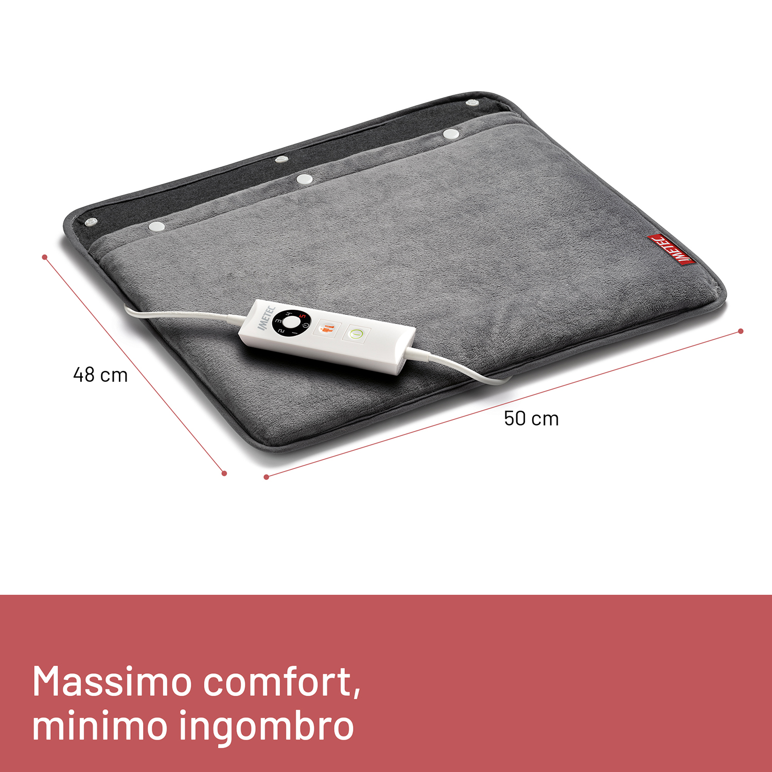 Coperta termica grigia, 48x50 cm, con telecomando bianco e logo rosso.