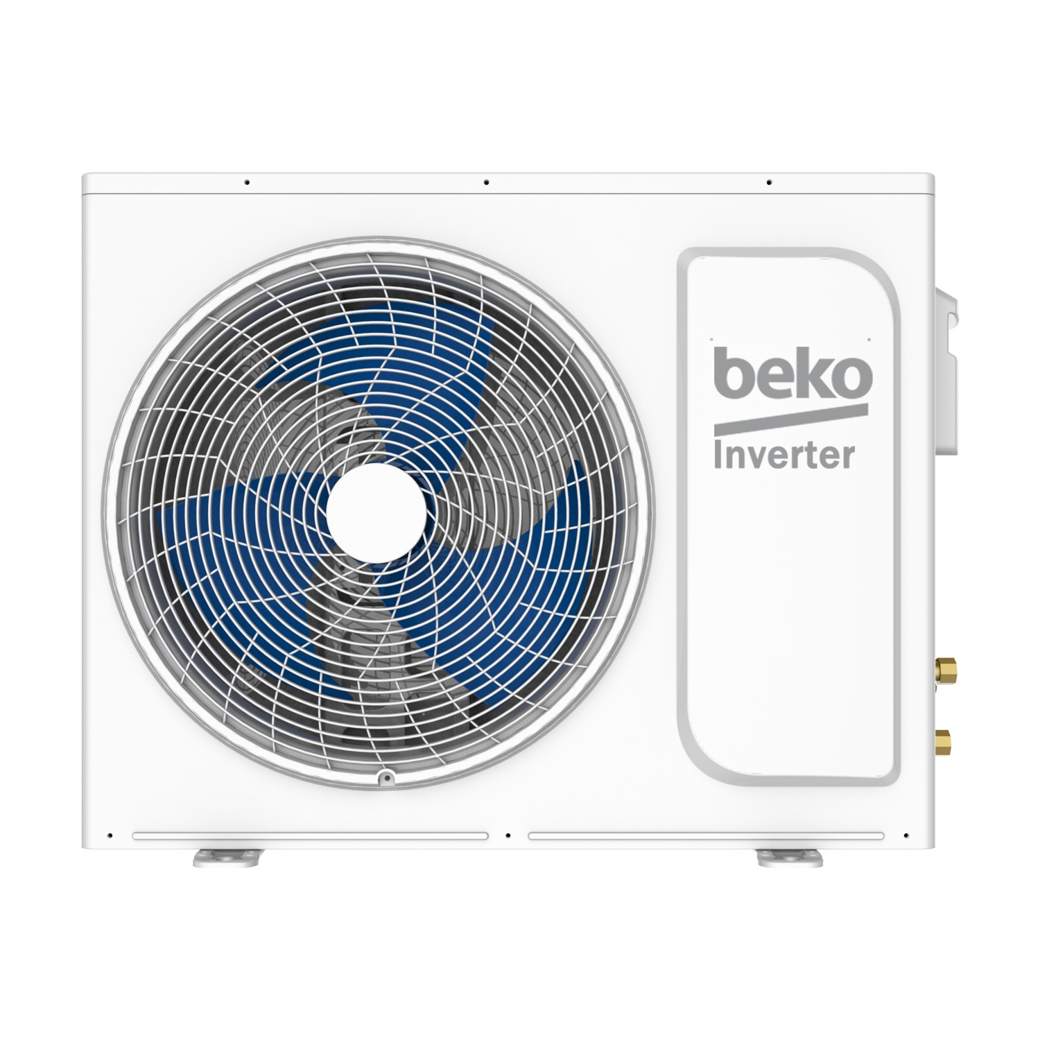 Unità esterna di condizionatore bianco con ventola blu e logo Beko Inverter.