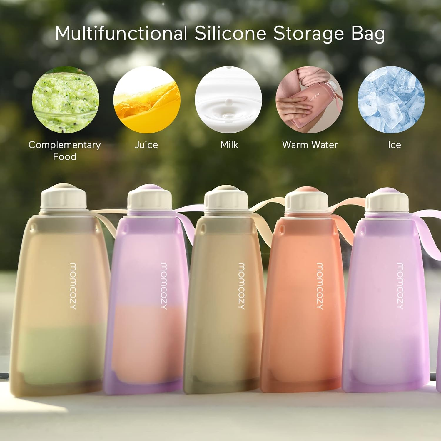 Fünf bunte Silikonbeutel für Lebensmittel, Saft, Milch, warmes Wasser und Eis.