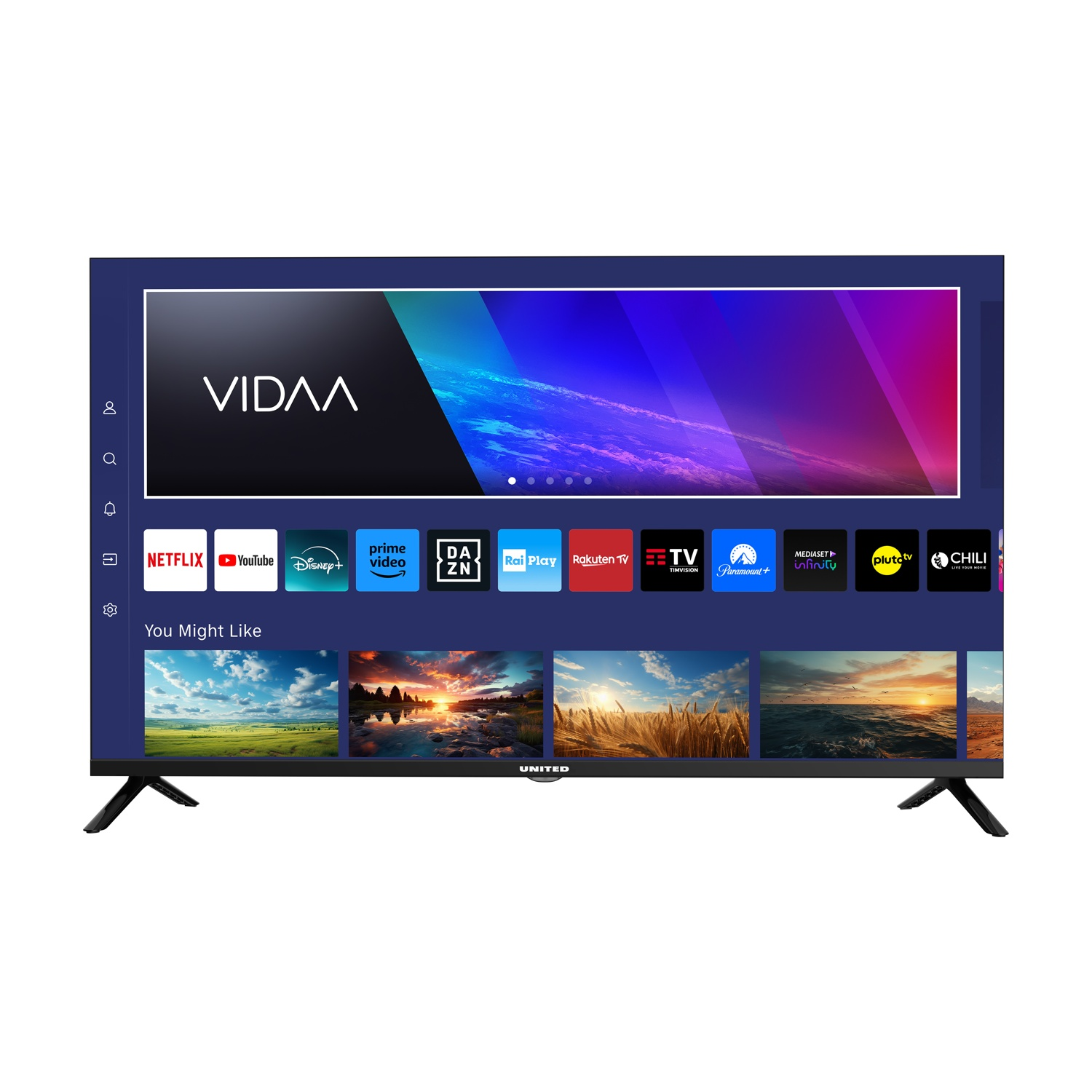 Una smart TV nera con interfaccia VIDAA che mostra icone di app di streaming e raccomandazioni di paesaggi naturali su sfondo bianco.