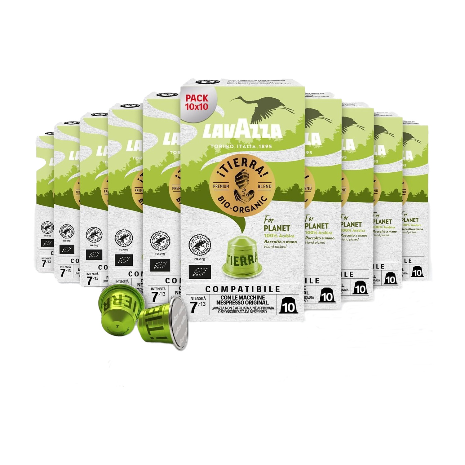 Molti pacchi di capsule caffè Lavazza Tierra! bio Arabica, verdi, su sfondo bianco.