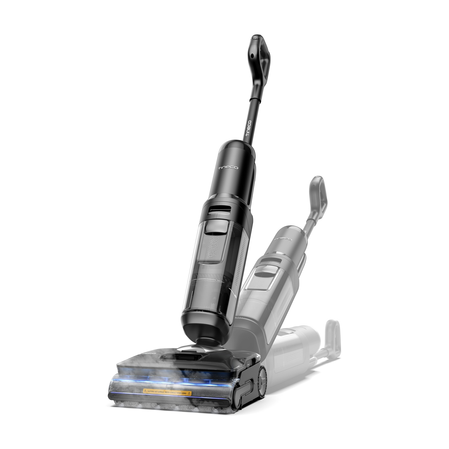 Czarny odkurzacz bezprzewodowy z przezroczystym zbiornikiem na wodę, na białym tle.