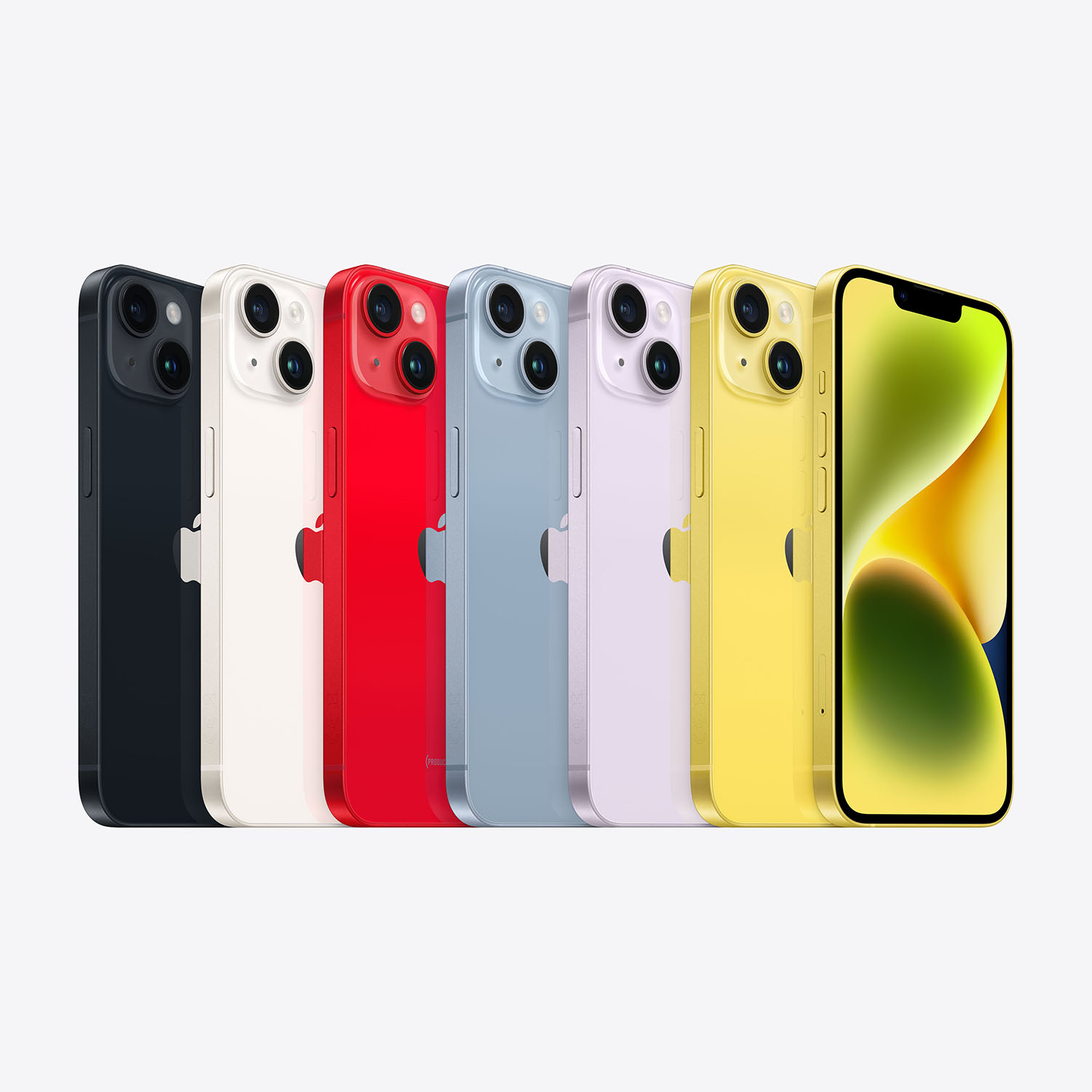 Siete modelos de iPhone 14 en varios colores: negro, blanco, rojo, azul, morado, amarillo y un teléfono amarillo con pantalla brillante.