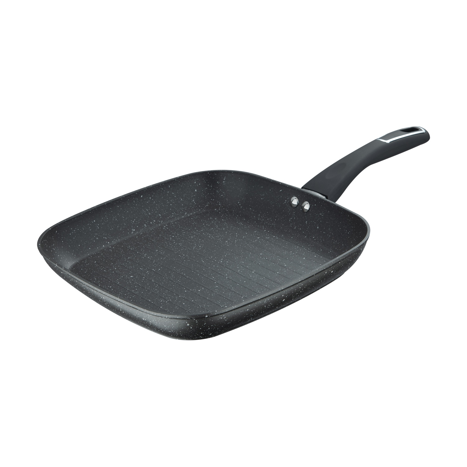 Una padella grill rettangolare con superficie scanalata e manico nero.