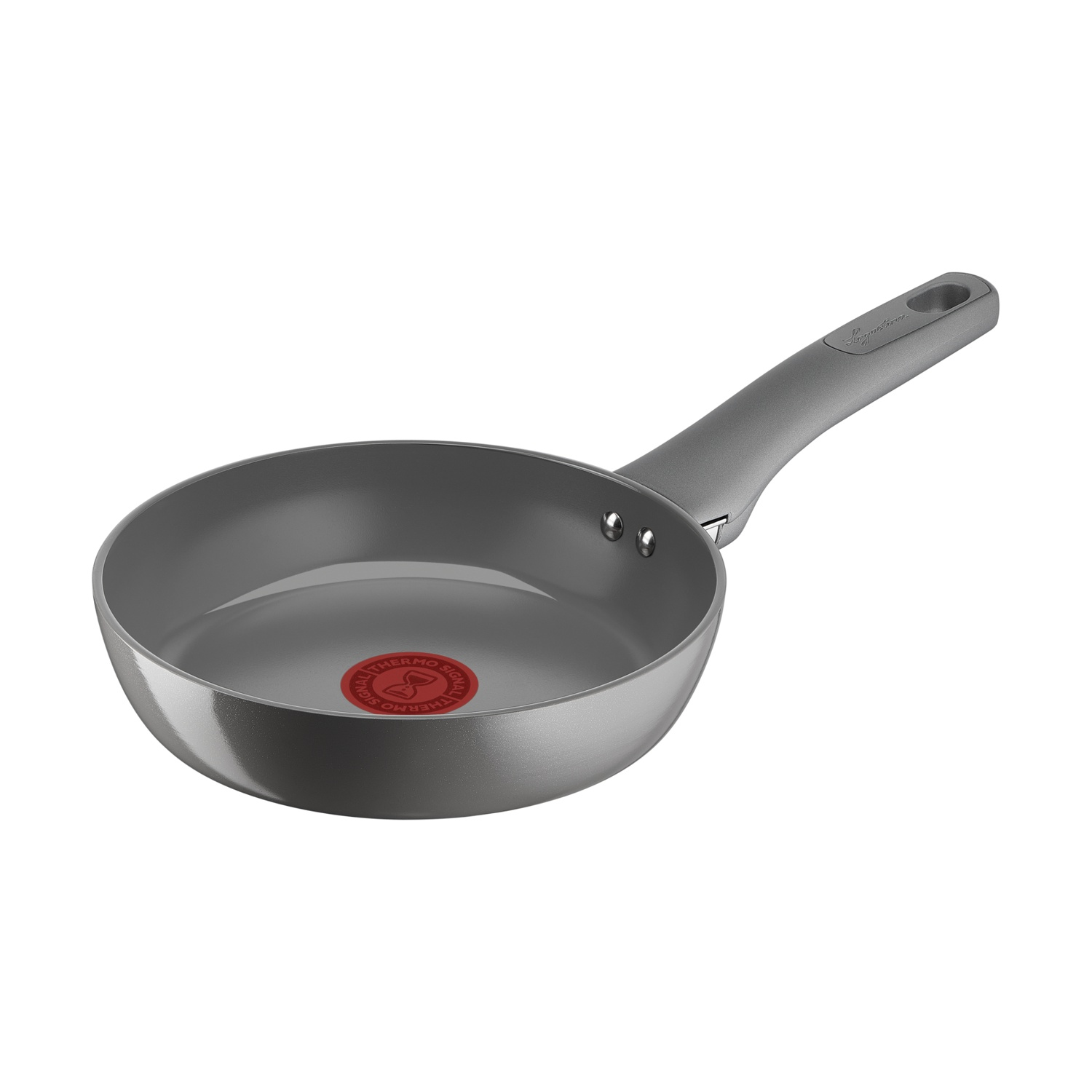 Sartén gris con indicador rojo Thermo-Signal y mango gris.