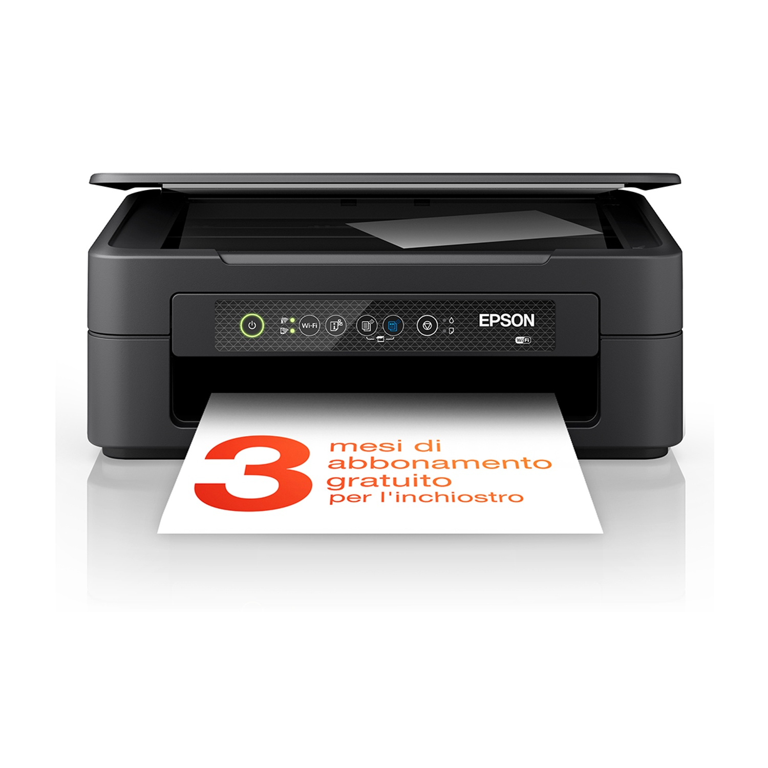 Una stampante Epson nera con Wi-Fi, che stampa un foglio con un grande numero 3.