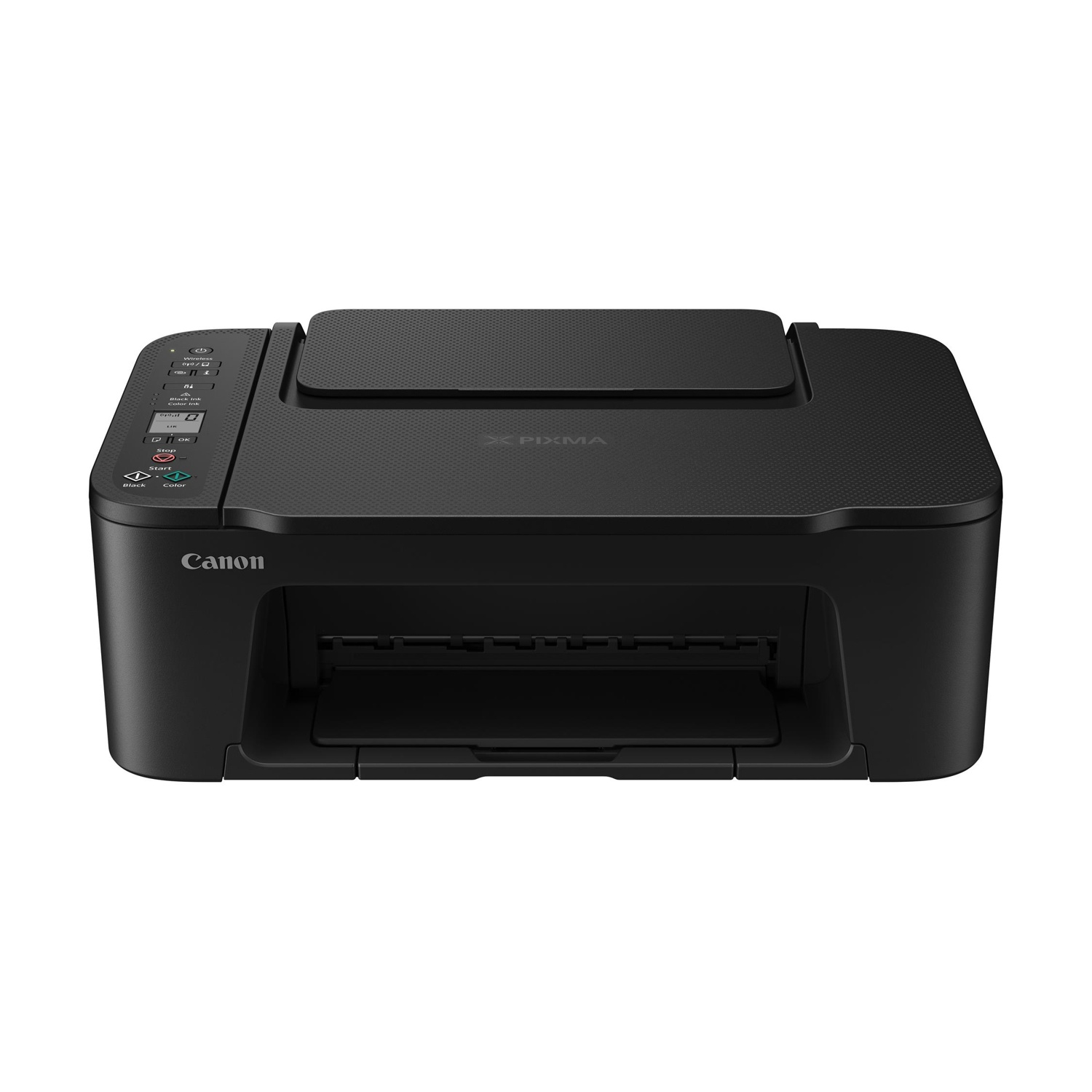 Stampante Canon Pixma nera con pannello di controllo e vassoio di uscita.