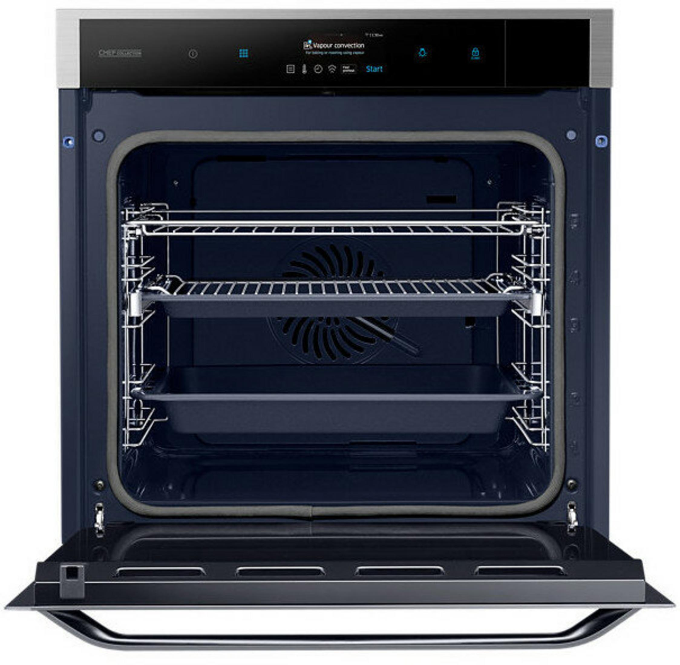 A dark blue built-in oven with its door open, revealing two metal racks and a baking tray inside. The control panel above is black with blue-lit icons.