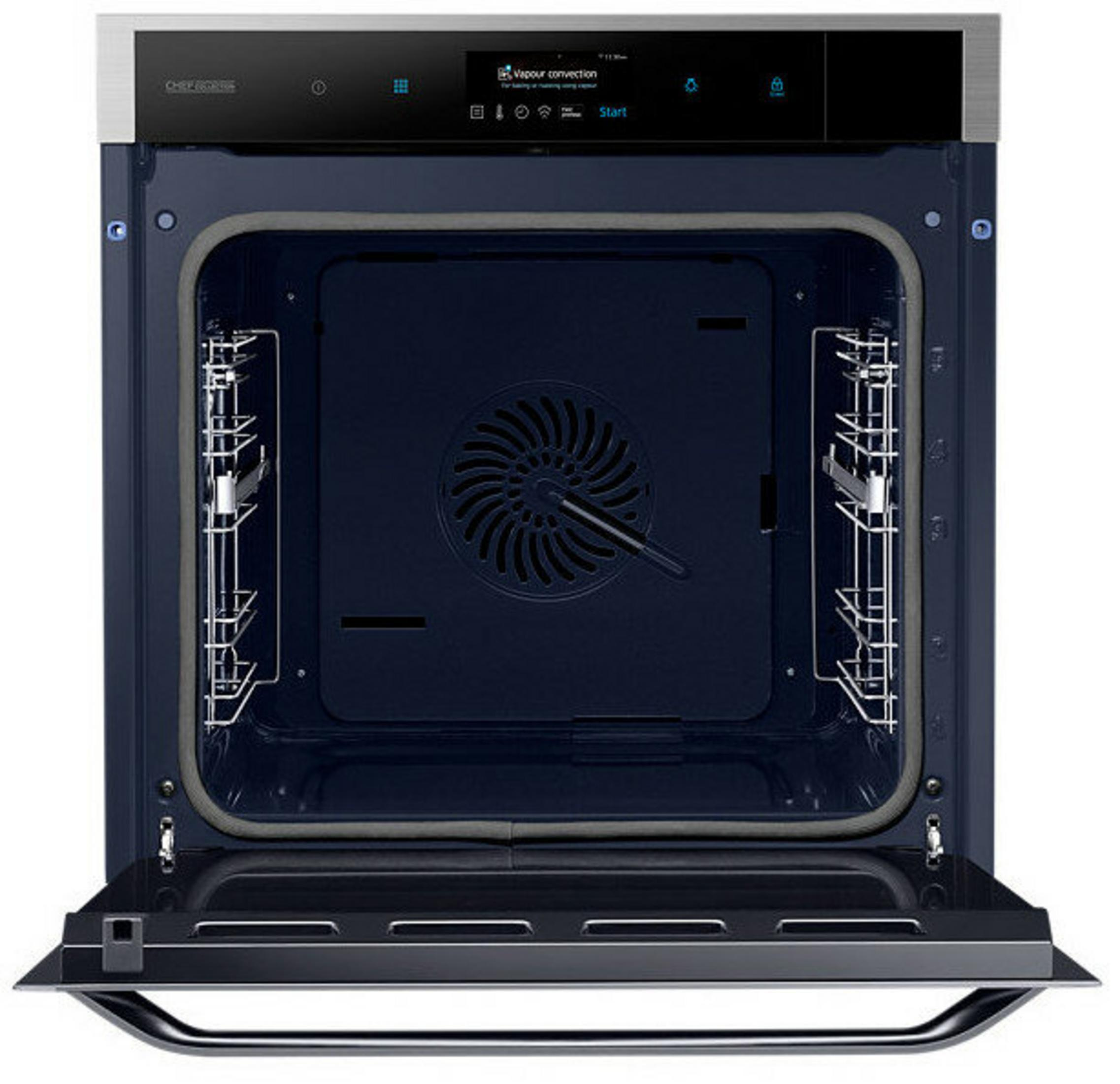 An open built-in oven with a black control panel and a blue interior.
