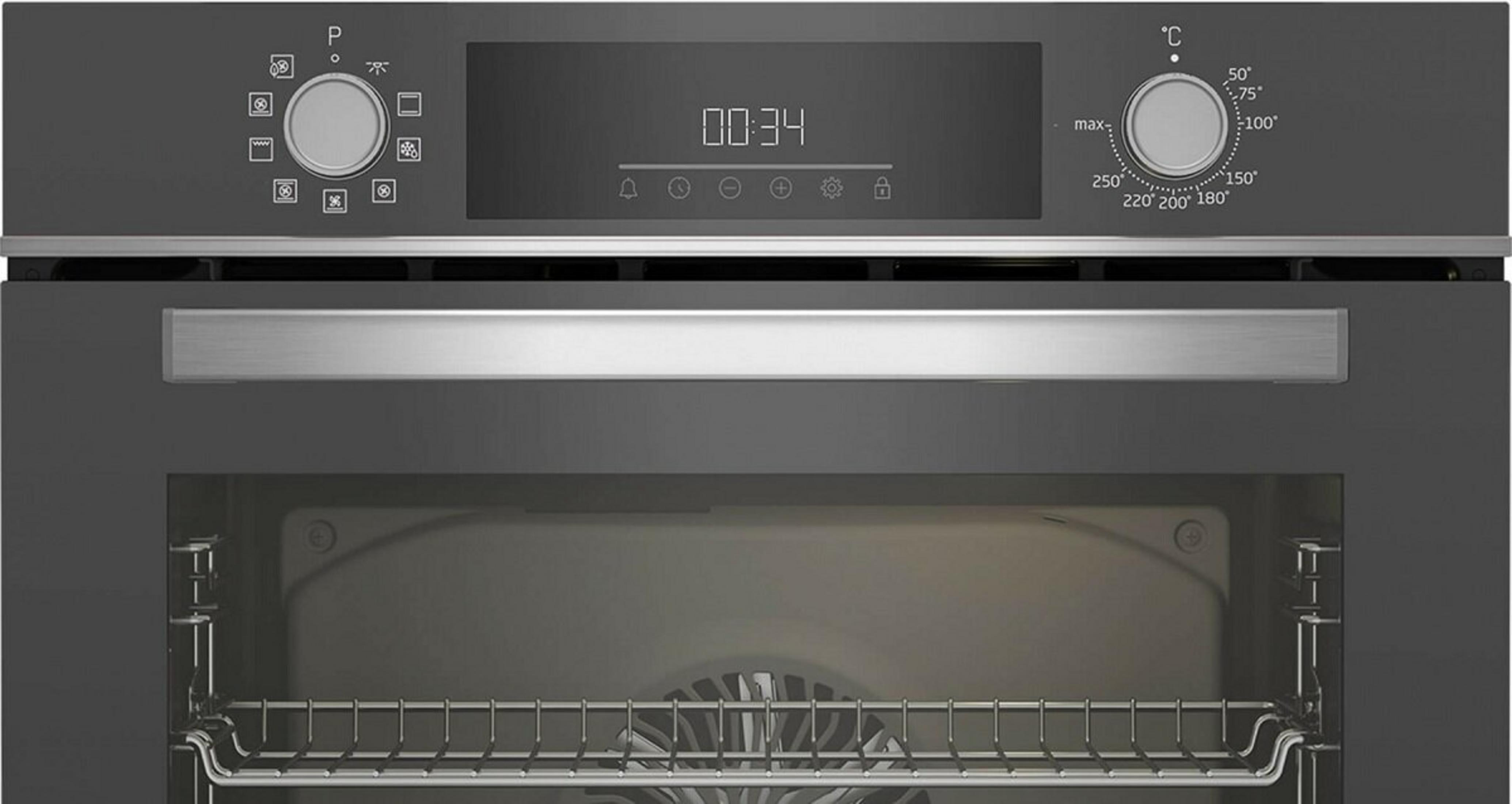 Una vista ravvicinata di un forno grigio scuro con un display digitale che mostra "00:34" e due manopole di controllo.
