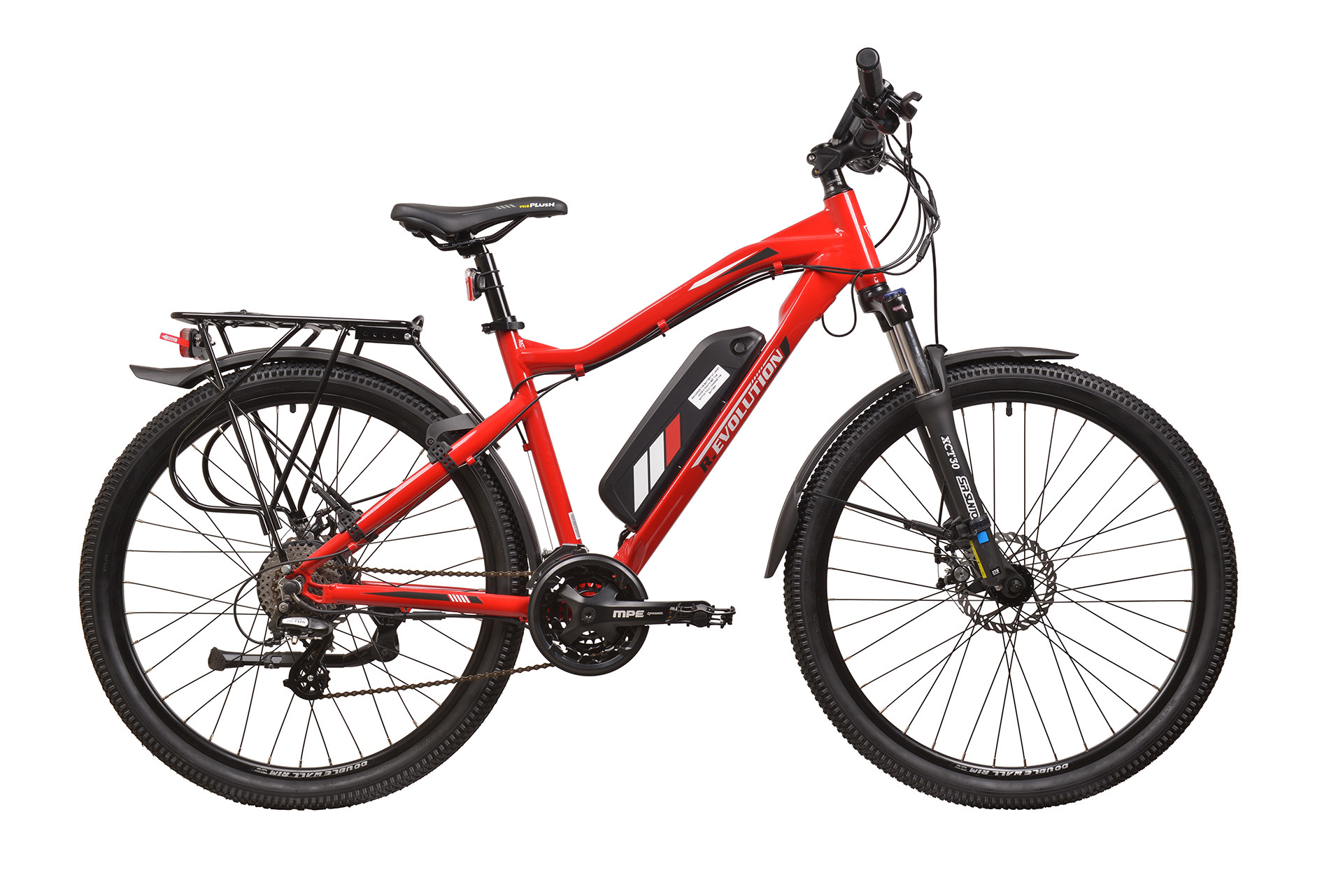 Czerwony rower elektryczny z czarnym bagażnikiem i czarnym akumulatorem.