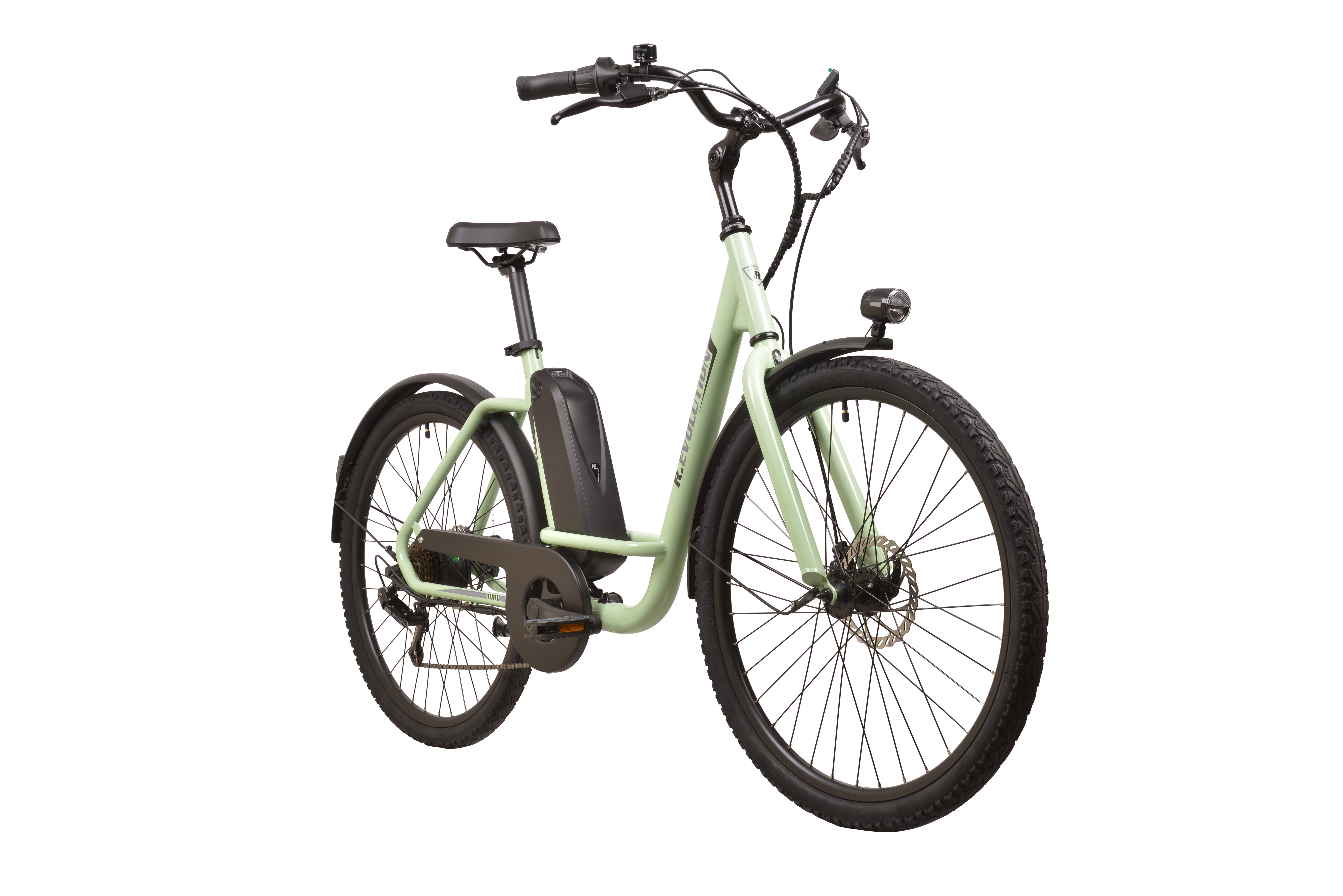 Jasnozielony rower elektryczny z czarnymi oponami i błotnikami.