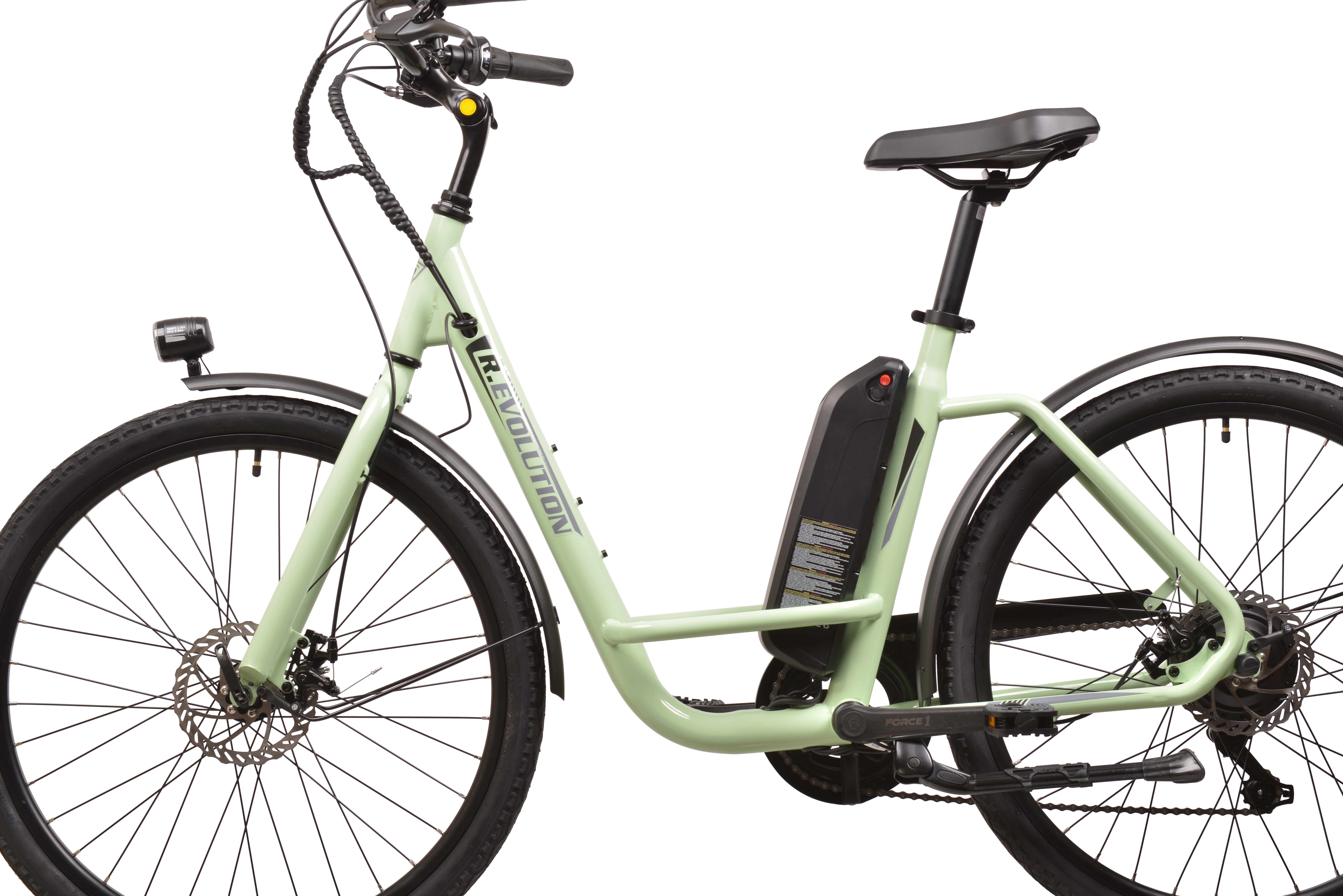 Jasnozielony rower elektryczny z czarnym siodełkiem, baterią i oponami.