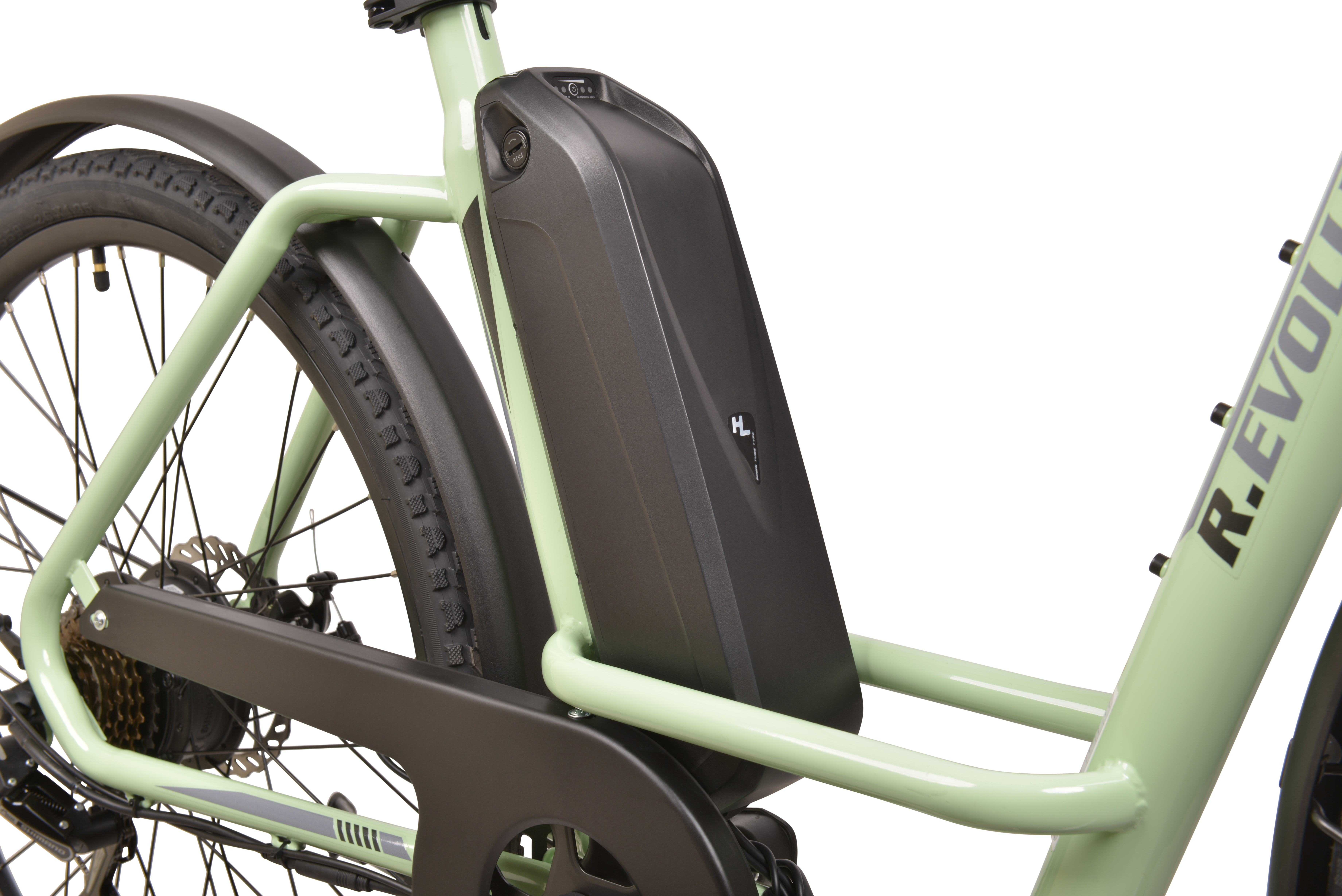 Jasnozielony rower elektryczny z czarnym akumulatorem i błotnikiem.
