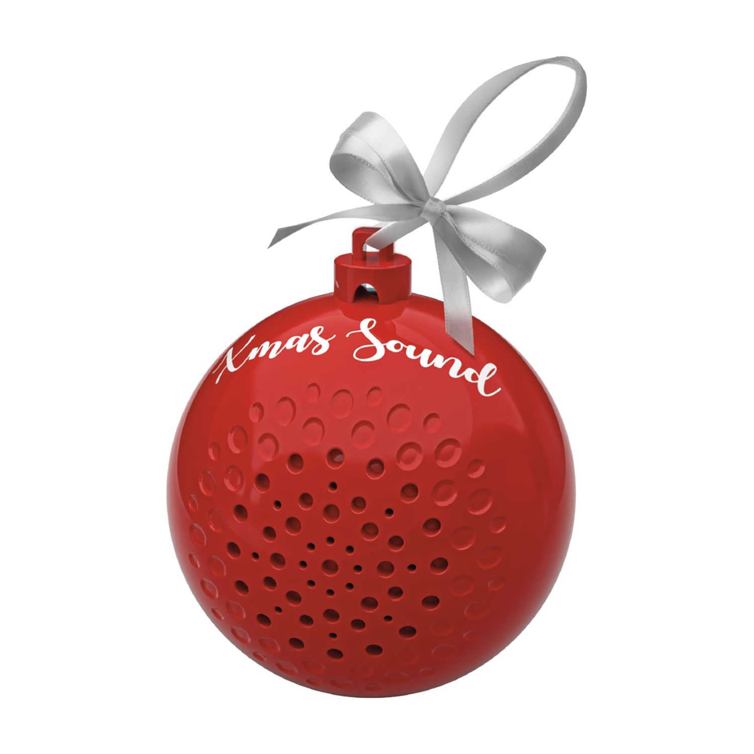 Palla di Natale rossa con nastro d'argento e scritta "Xmas Sound".