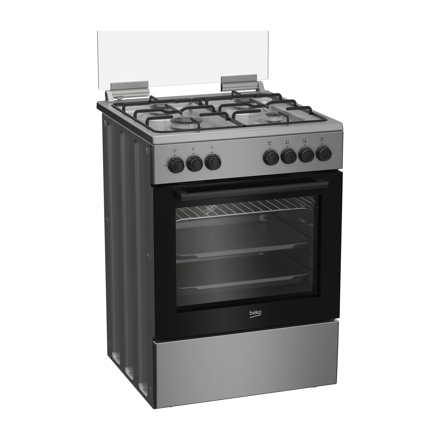 Un fornello a gas argentato con quattro fuochi e un forno con porta in vetro.