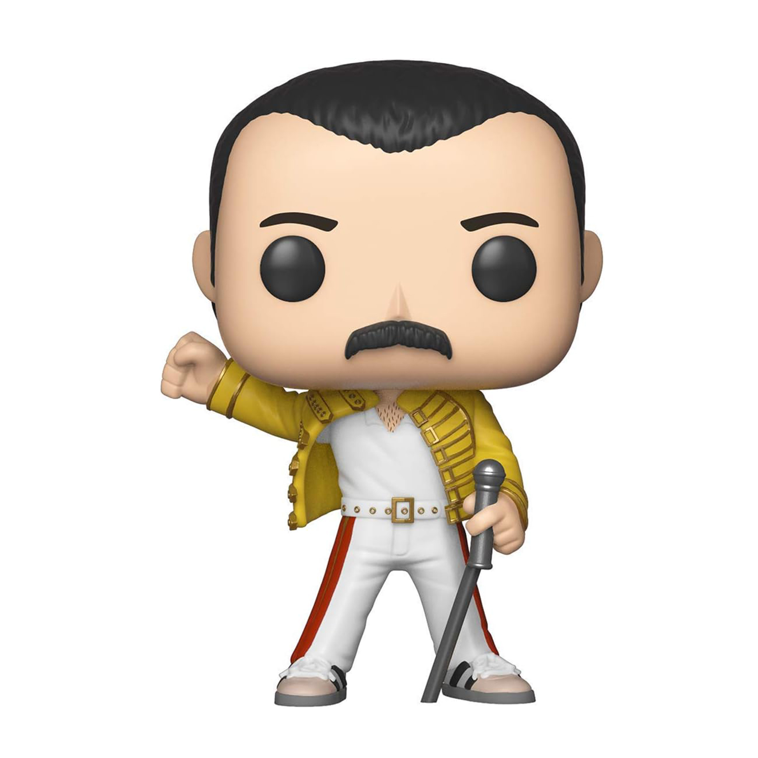 Action figure Funko Pop di Freddie Mercury in giacca gialla, pantaloni bianchi, con microfono.