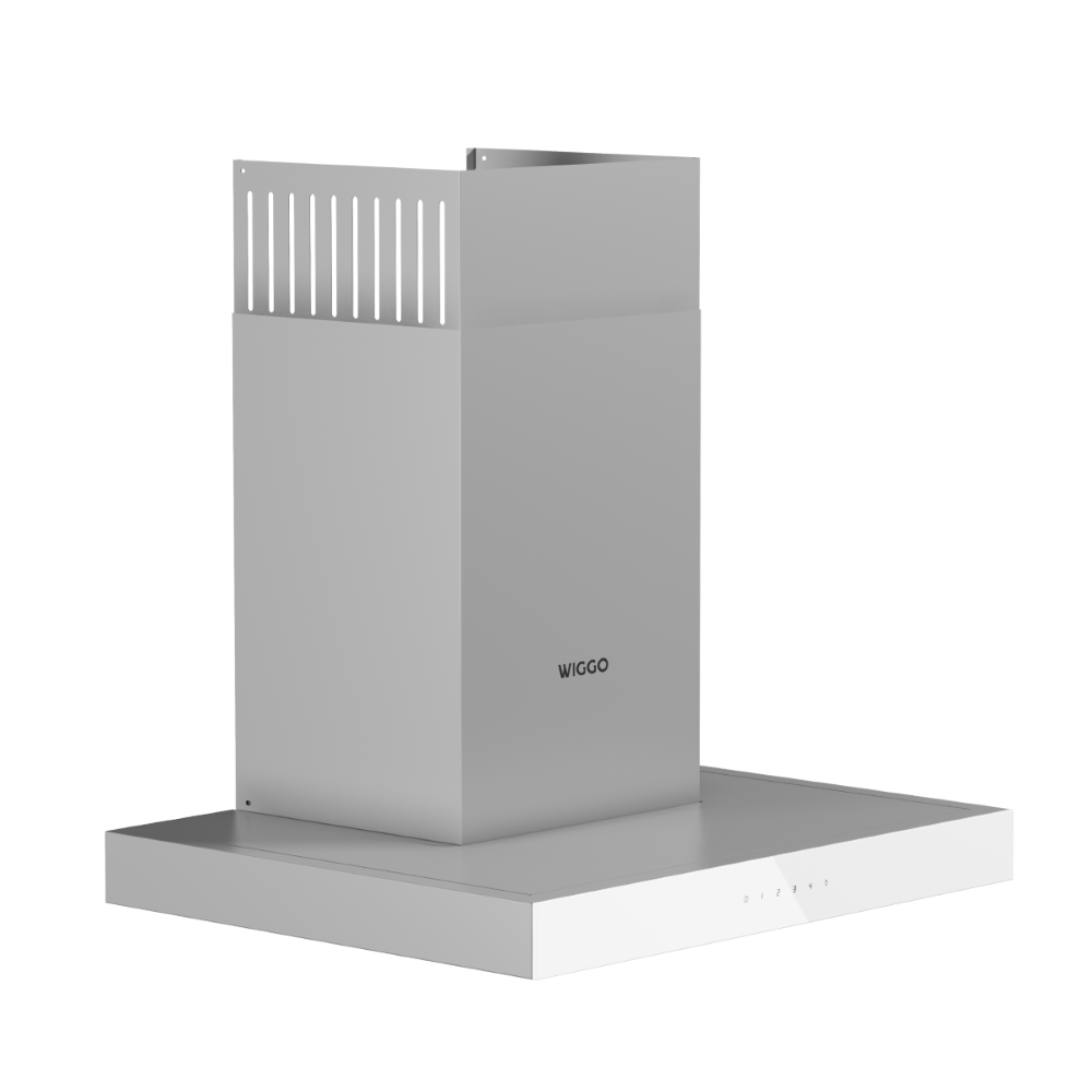 Zilverkleurige afzuigkap met witte basis en bedieningspaneel.