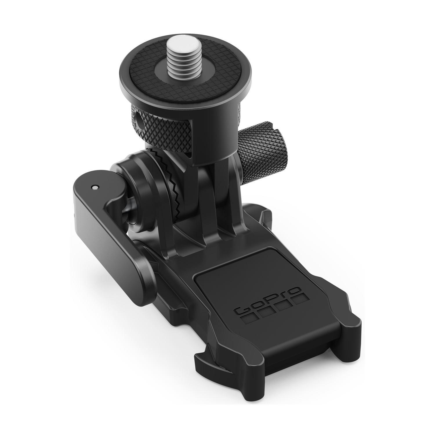Adattatore GoPro nero con vite e manopole zigrinate.