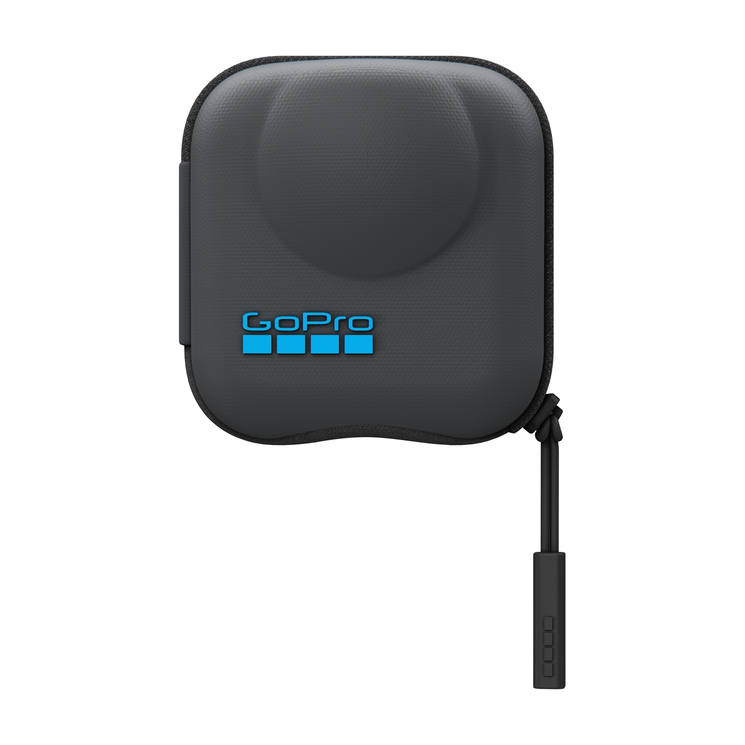 Funda negra GoPro con logo azul y tirador de cremallera.