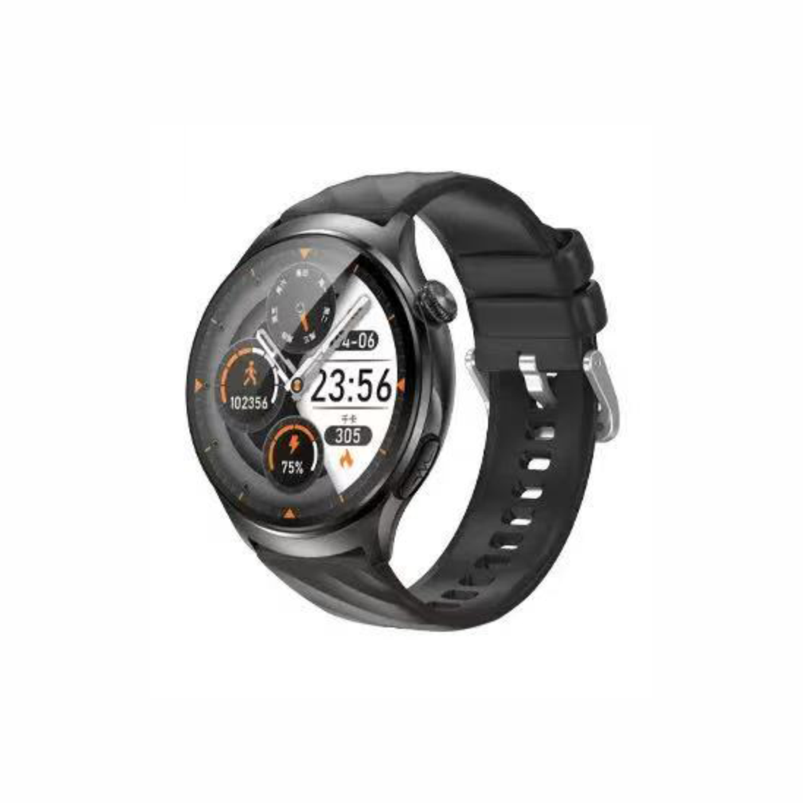 Uno smartwatch nero con quadrante rotondo e cinturino nero.