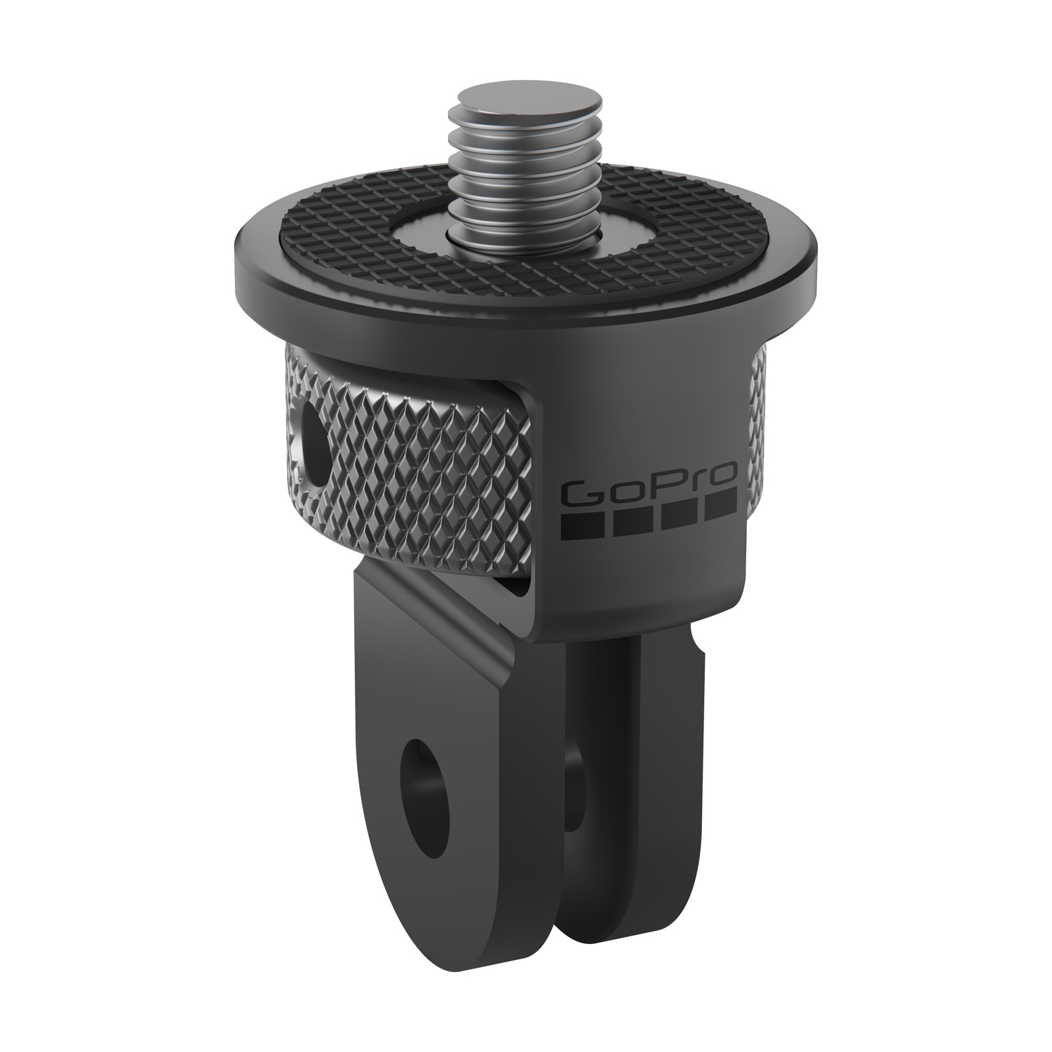 Ein schwarzer GoPro-Adapter mit Gewinde und Gelenk.