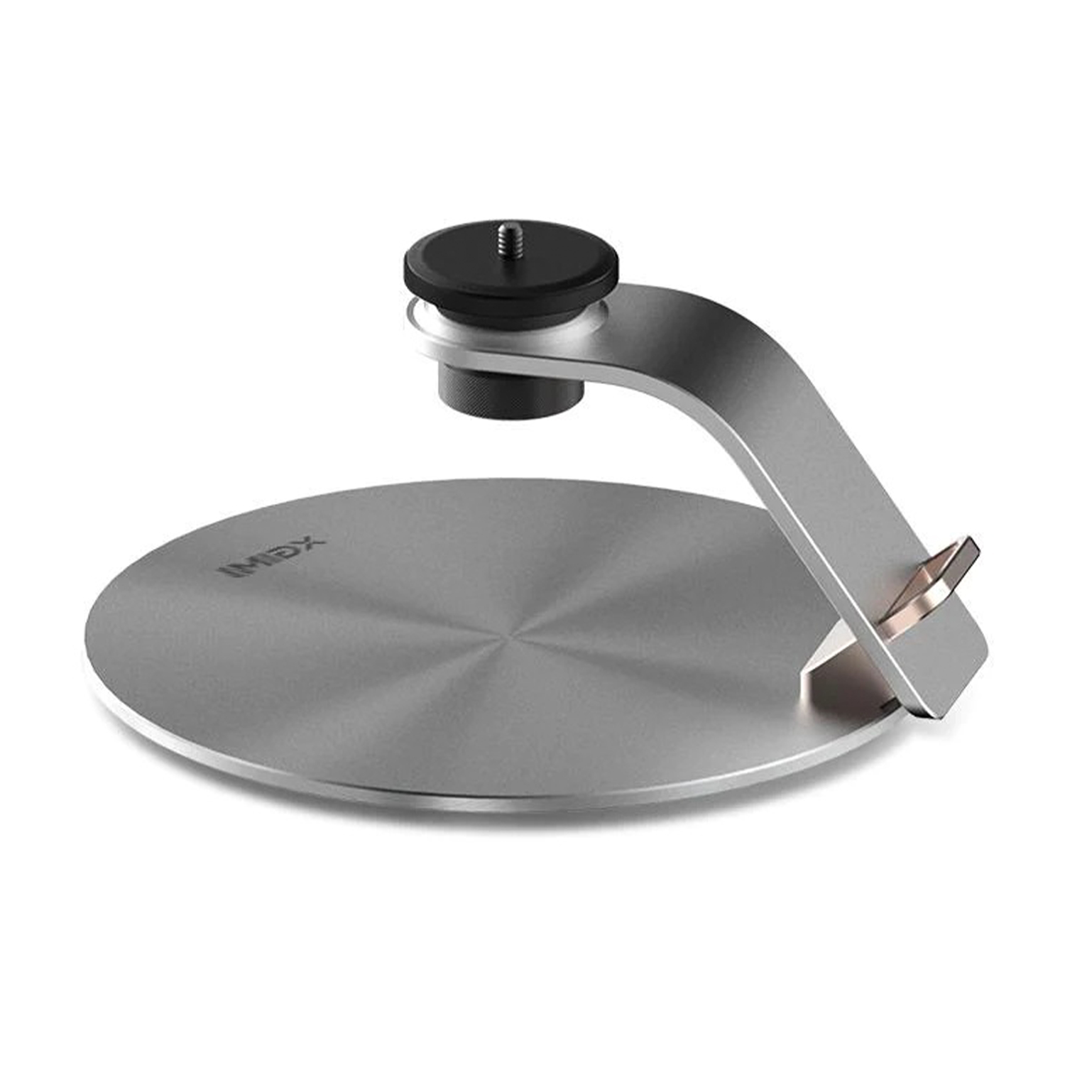 Supporto per fotocamera argentato con base rotonda e braccio regolabile.