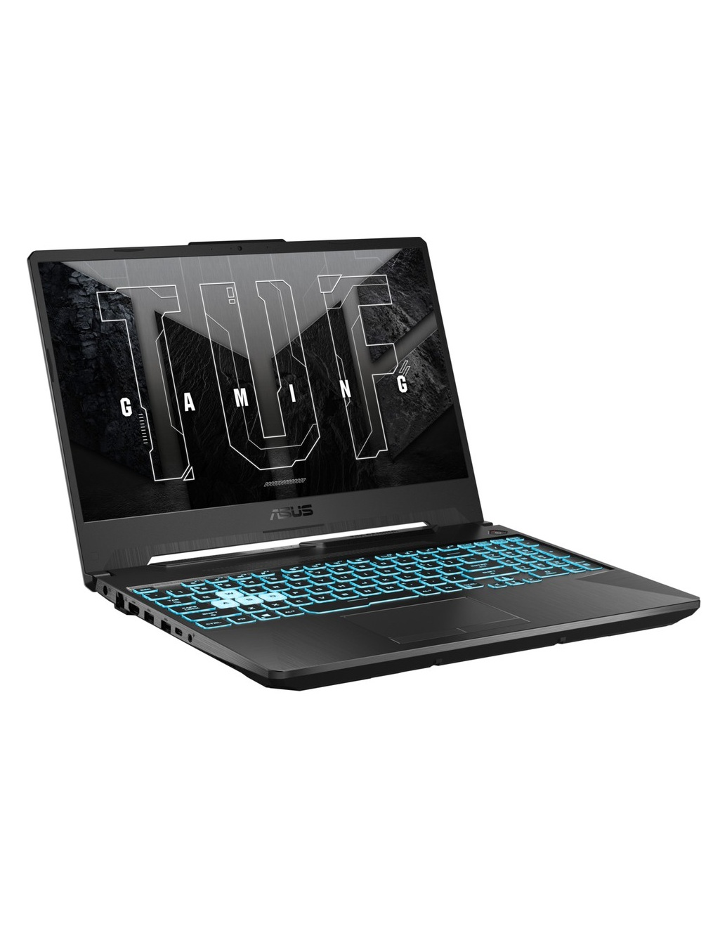 Ekranında TUF GAMING logosu ve aydınlatmalı mavi klavyesi olan siyah dizüstü bilgisayar.