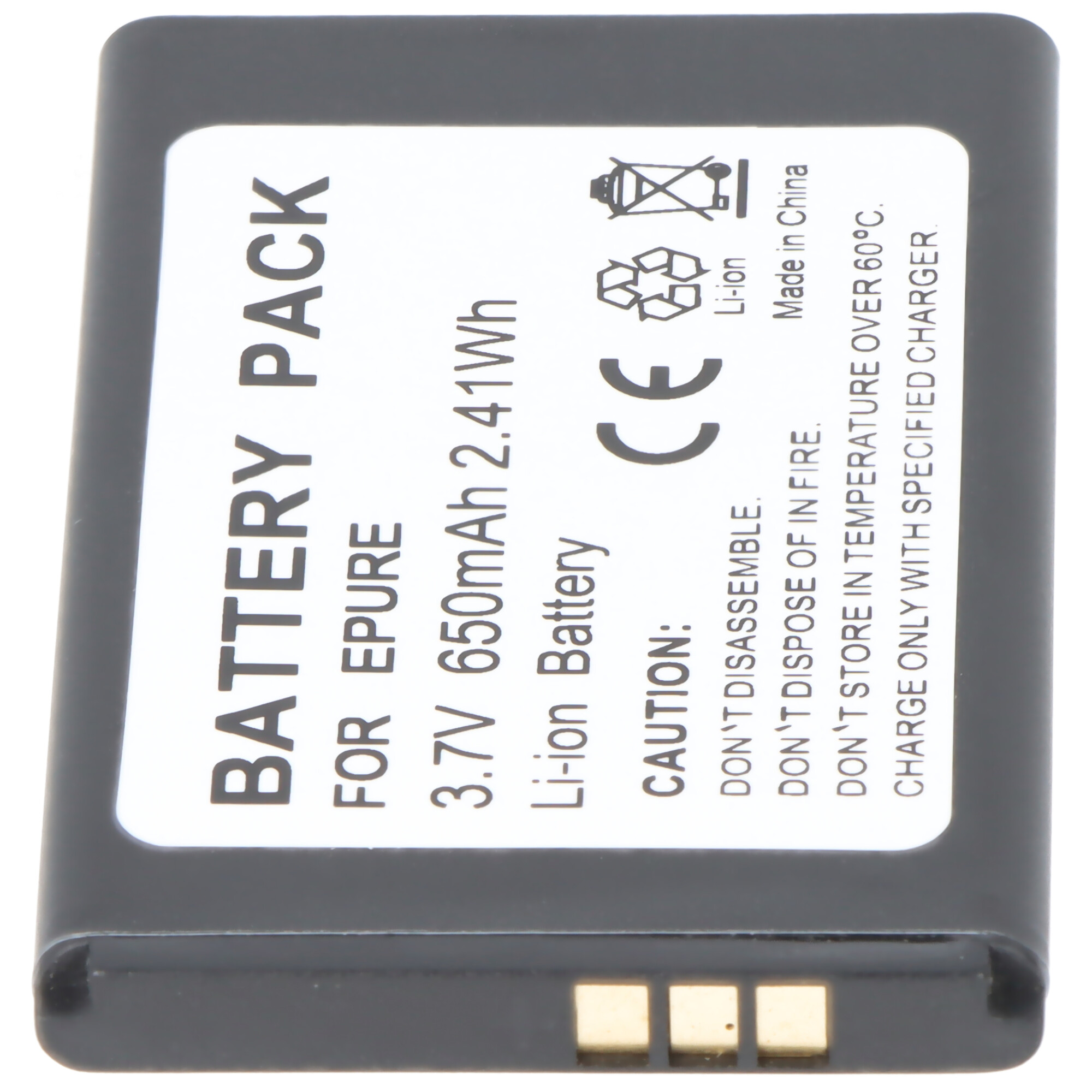 EPURE için gri Li-ion pil, 3,7V 650mAh, uyarı sembollü.