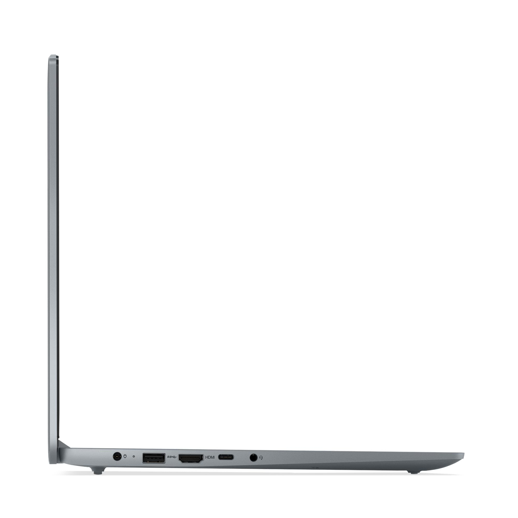 Profilo laptop grigio con porte: alimentazione, USB, HDMI, jack cuffie.
