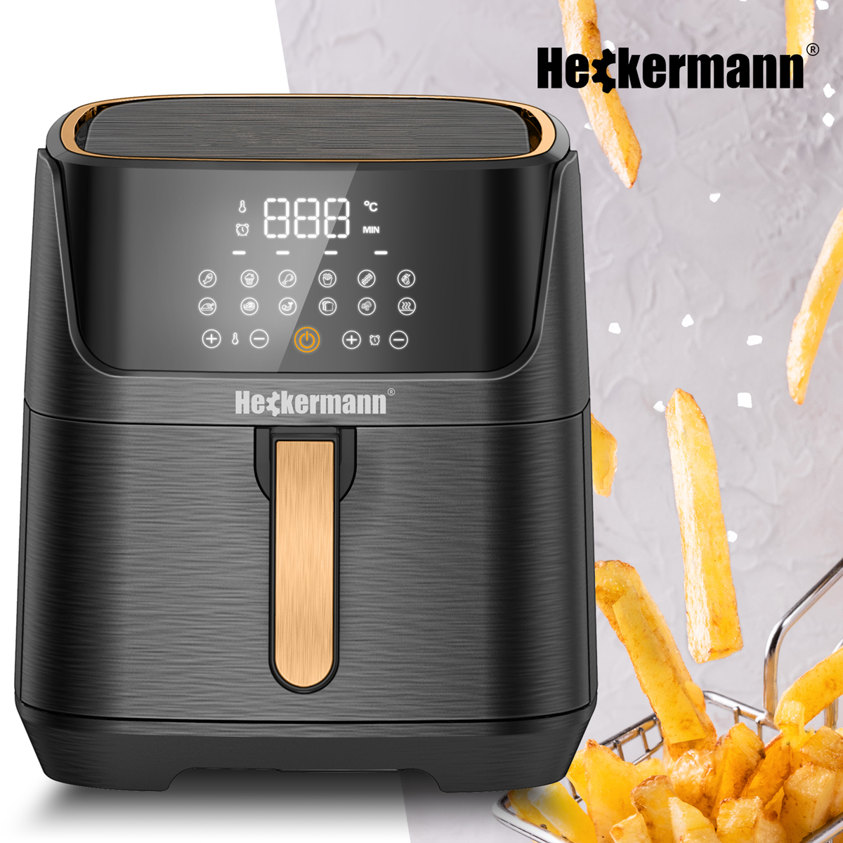 Czarna frytkownica beztłuszczowa Heckermann z cyfrowym wyświetlaczem i złotymi detalami. Latają frytki.