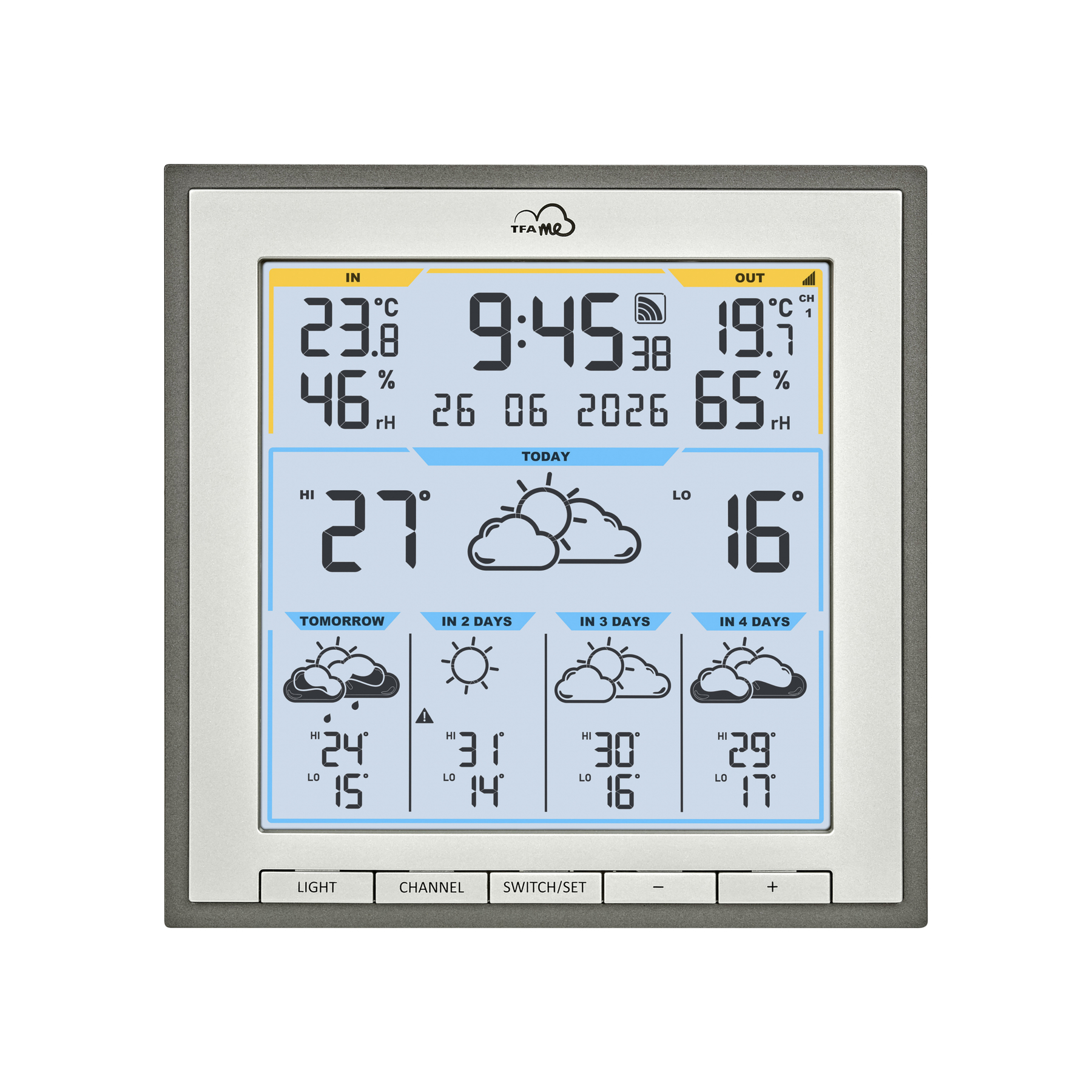 Wetterstation zeigt Innen-/Außentemperaturen, Luftfeuchtigkeit, Datum, Uhrzeit und 5-Tage-Vorhersage.