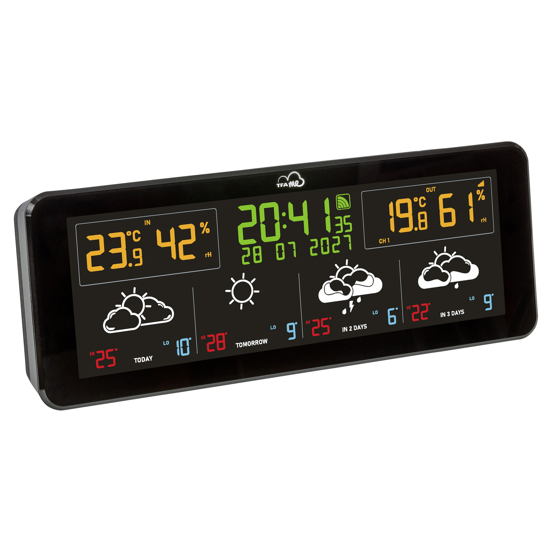 Digitales Wetter-Display zeigt Innen-/Außentemperatur, Luftfeuchtigkeit, Uhrzeit und Datum.