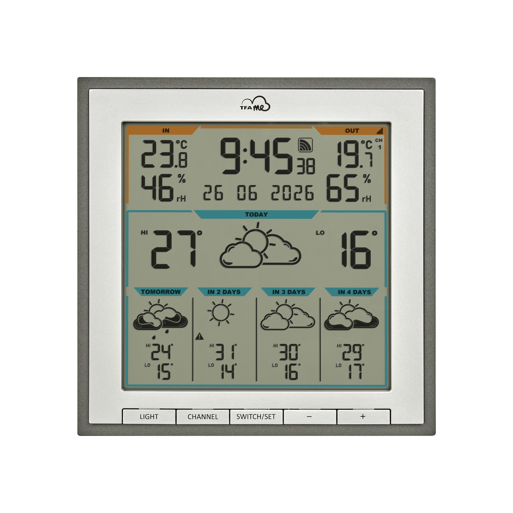 Digitales Wetterdisplay zeigt Innen-/Außentemperatur, Luftfeuchtigkeit, Uhrzeit, Datum und 4-Tage-Vorhersage.